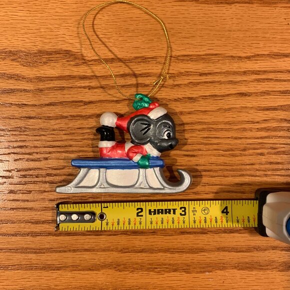 VINTAGE HANDMADE CERAMIC CHRISTMAS ORNAMENT, MOUSE ON A SLED - Picture 3 of 4